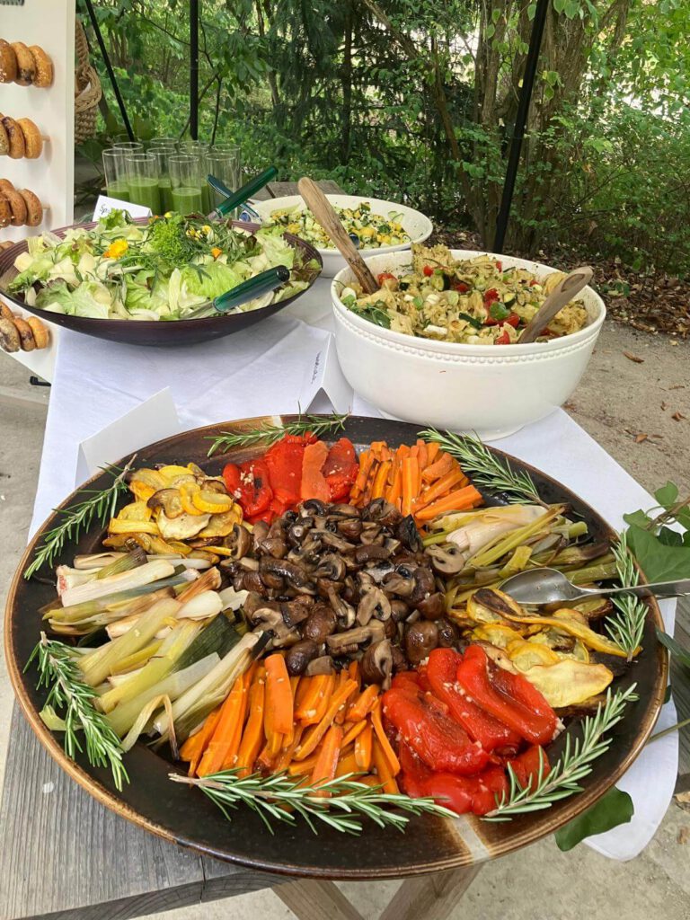 Buffet mit buntem Grillgemüse, Salaten und grünen Smoothies im Freien