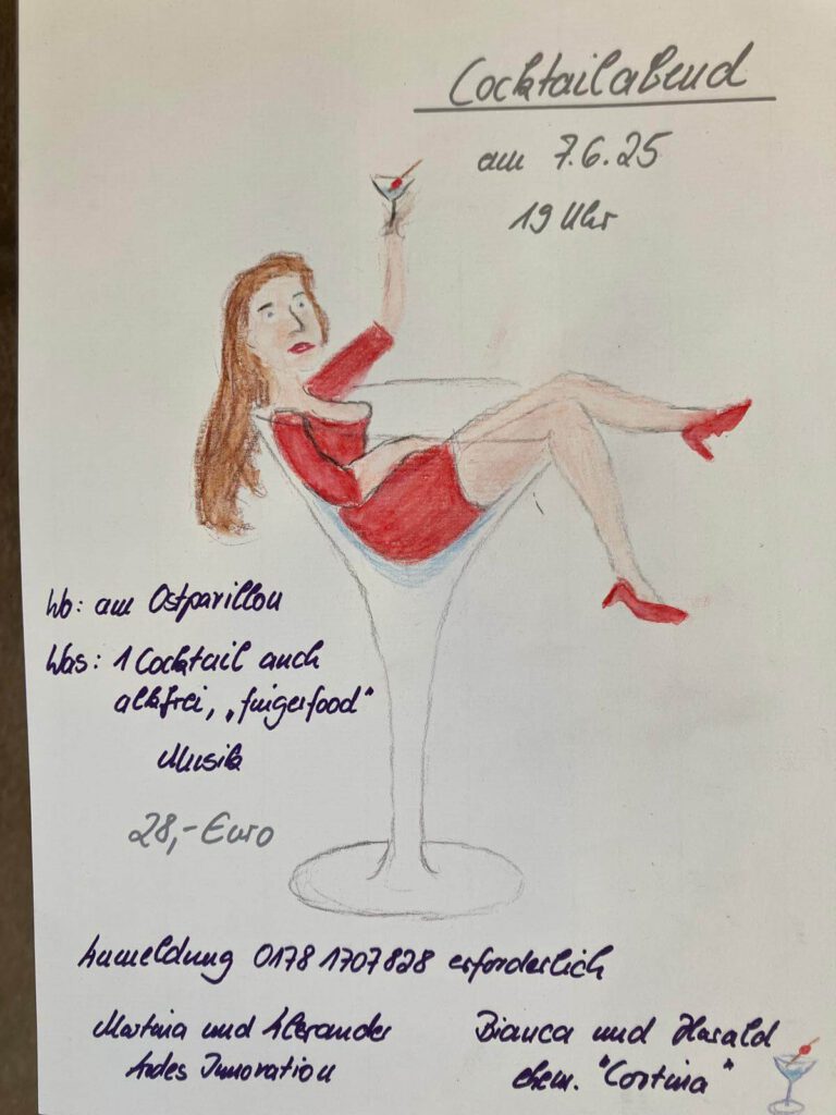 Einladung zu Cocktailabend mit Zeichnung einer Frau im Glas